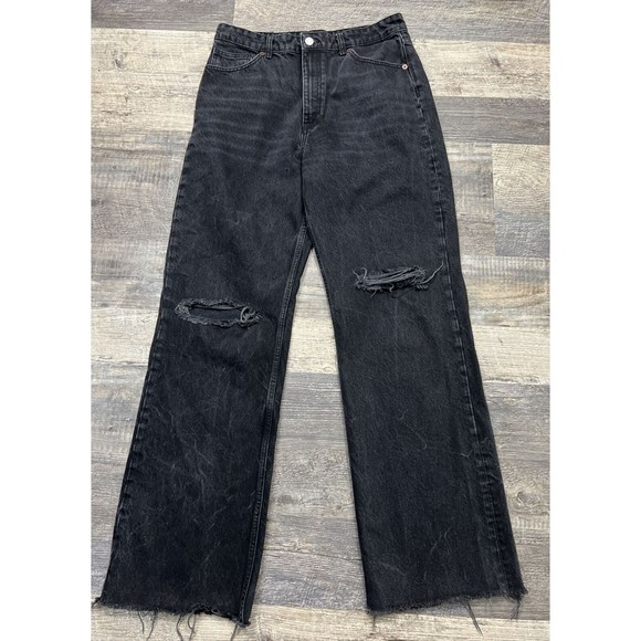 Zara High Waisted Distressed Baggy Wide Leg Full Length Jeans Black Size 12 - Picture 7 of 11